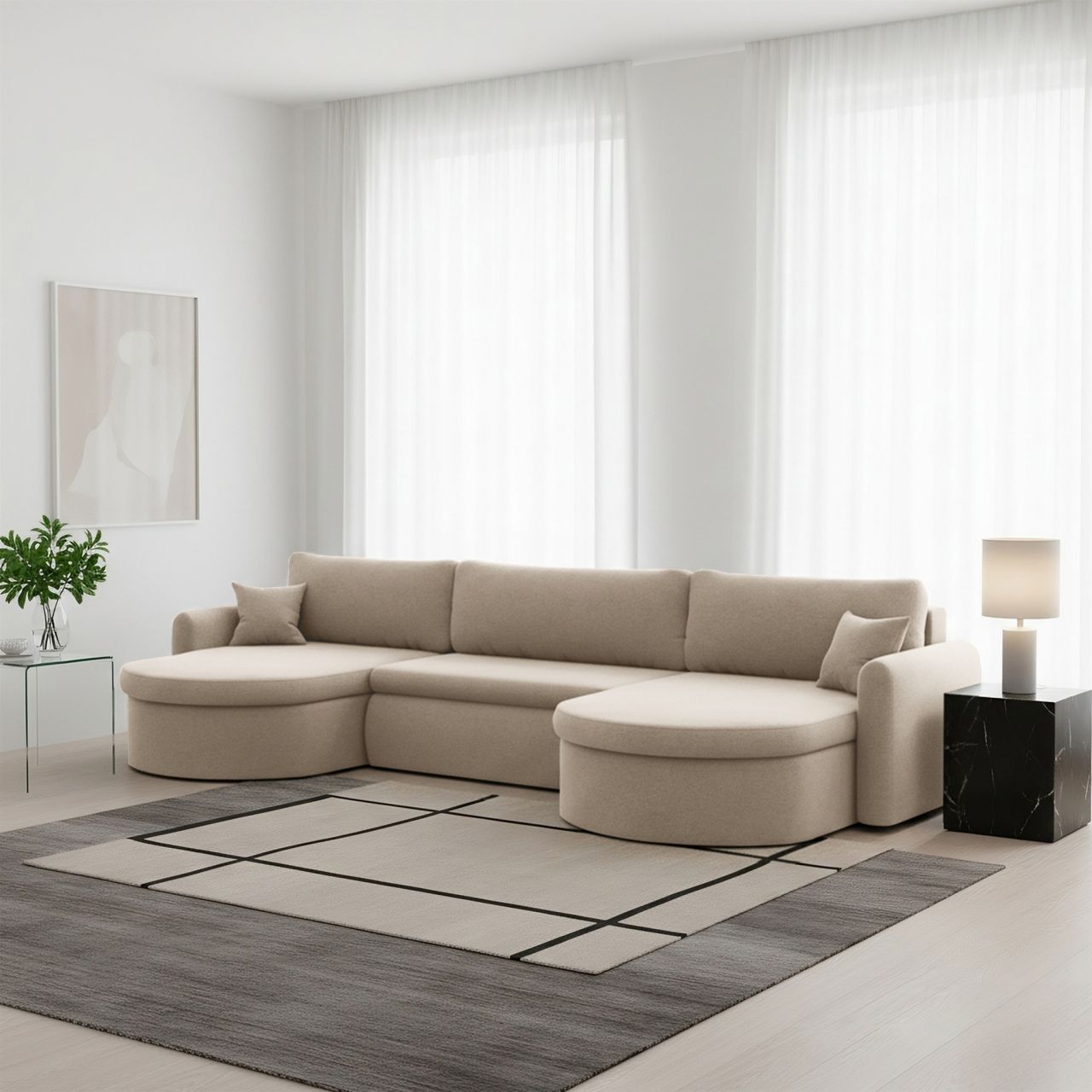 Wohnlandschaft Sofa mit Schlaffunktion FELIZ Stoff Faro Hellbraun