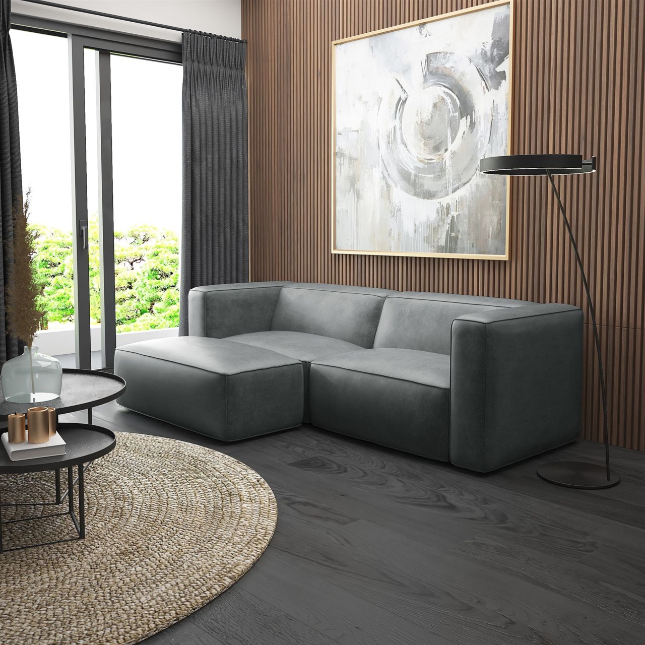 Ecksofa ersofa Sofa HELMER XS in Stoff Pola Dunkelgrau Ottomane Links