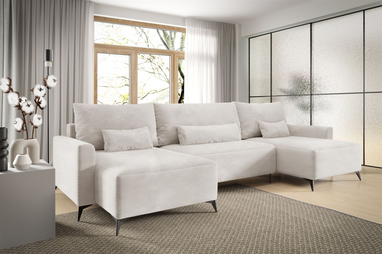 Wohnlandschaft mit Schlaffunktion SILVES Sofa U-Form Stoff Poso Altweiß