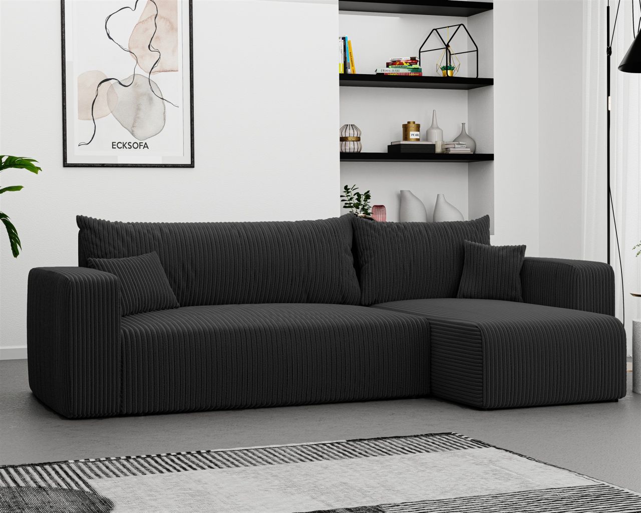 Fun Möbel Schwarz Ecksofa Mit Schlaffunktion Sofa Luna Stoff Poso Ottomane Rechts