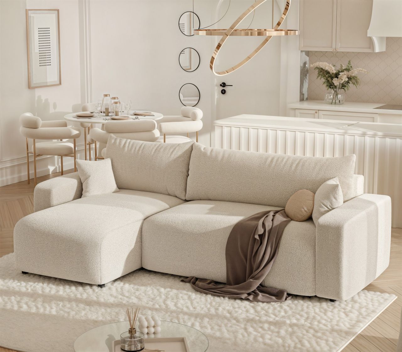 Ecksofa mit Schlaffunktion Sofa LUNA Stoff Centaur Beige Ottomane Links