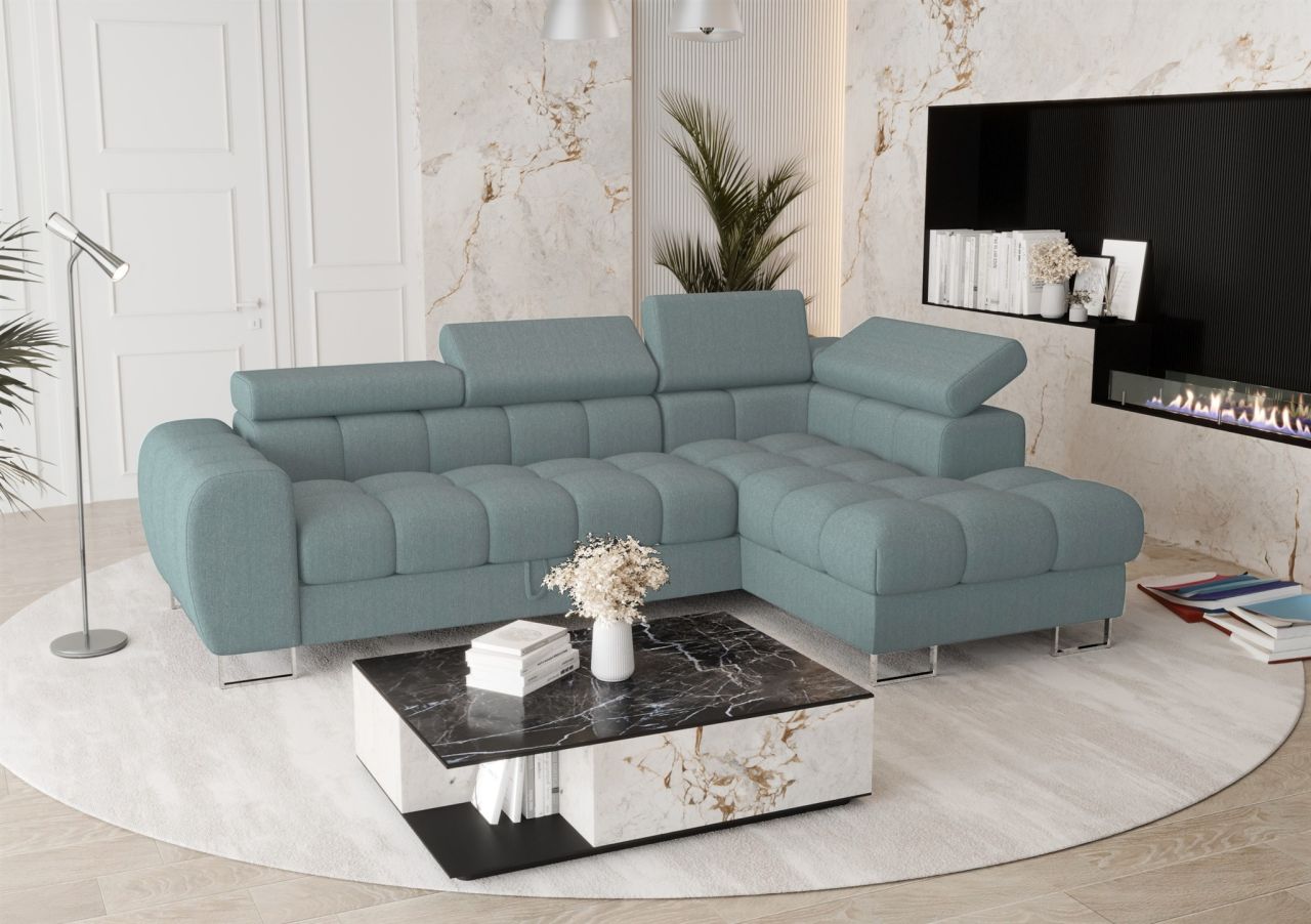 Ecksofa Schlafsofa BASTIEN in Stoff Gemma Türkis Ottomane Rechts