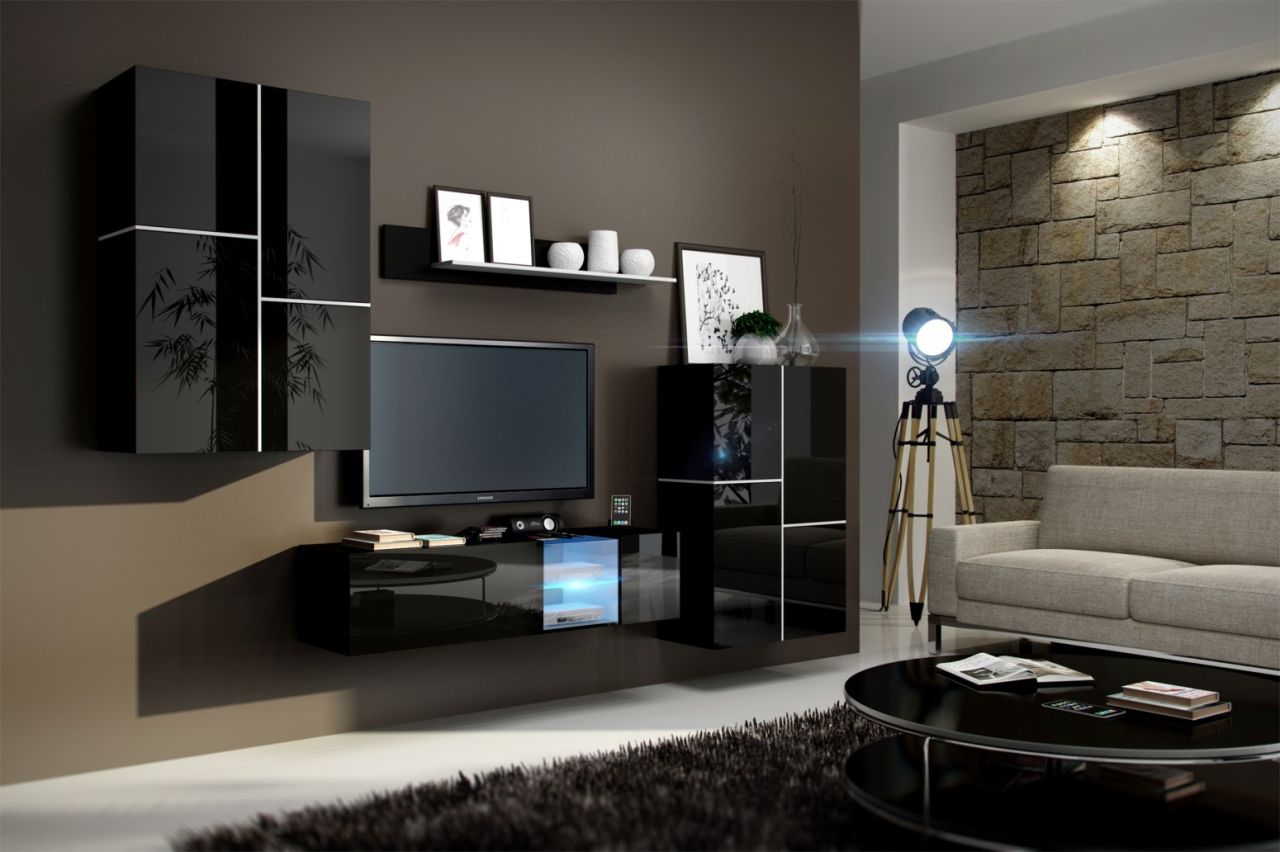 Wohnwand Schrankwand 4 tlg - BOX - Schwarz HGL mit LED-Beleuchtung
