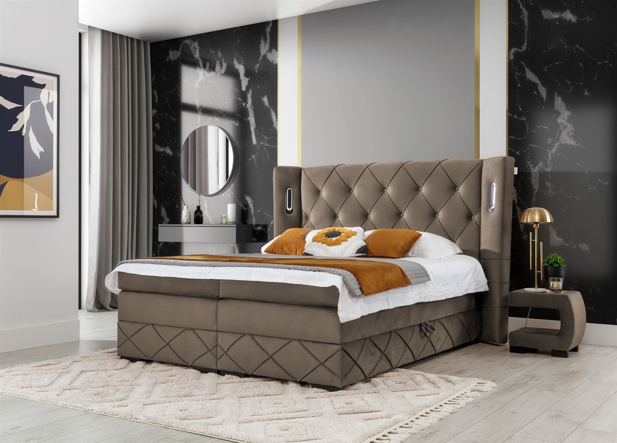 Boxspringbett Schlafzimmerbett ELVIANO 180x200cm Stoff Braun inkl. Ambiente-LED | Breite: 180 cm | Boxspringbetten mit LED Beleuchtung | Schlafzimmer