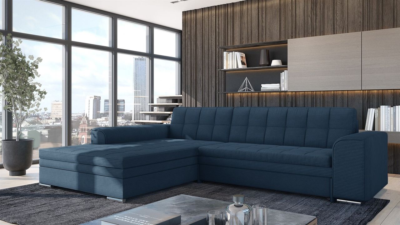 Ecksofa Schlafsofa Sofa LUSAKA in Stoff Lincoln Dunkelblau Ottomane Links