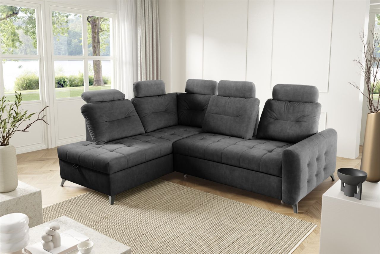 Ecksofa Schlafsofa Sofa WENDIE Stoff Hold Me Dunkelgrau Ottomane Links