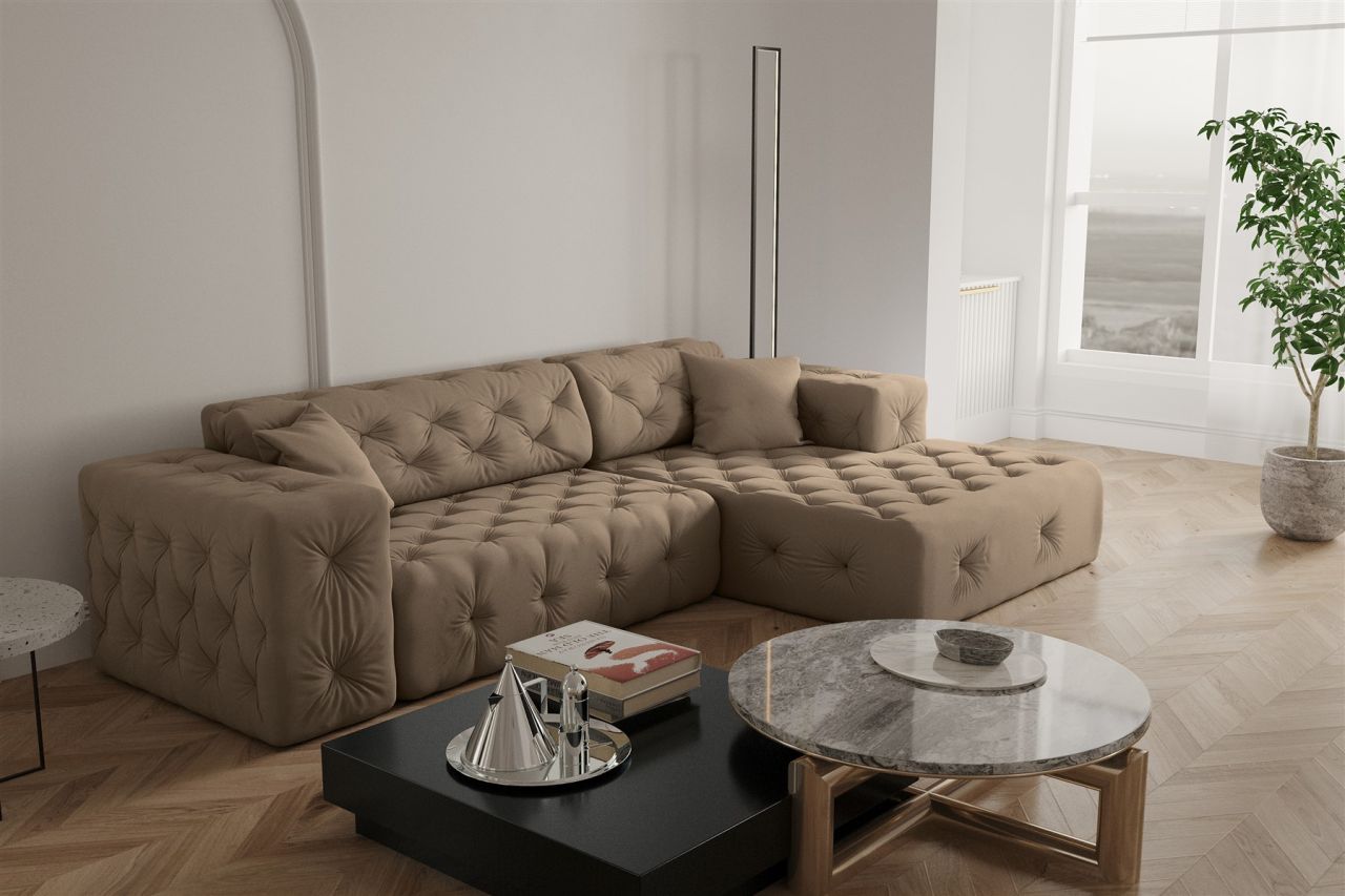 Ecksofa ersofa CHANTAL in Stoff Opera Velvet Taupe Ottomane Rechts