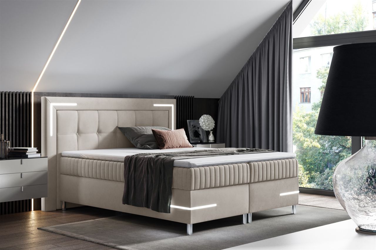 Boxspringbett Schlafzimmerbett 140x200cm AMORE Nr.1 Beige inkl. LED-Beleuchtung