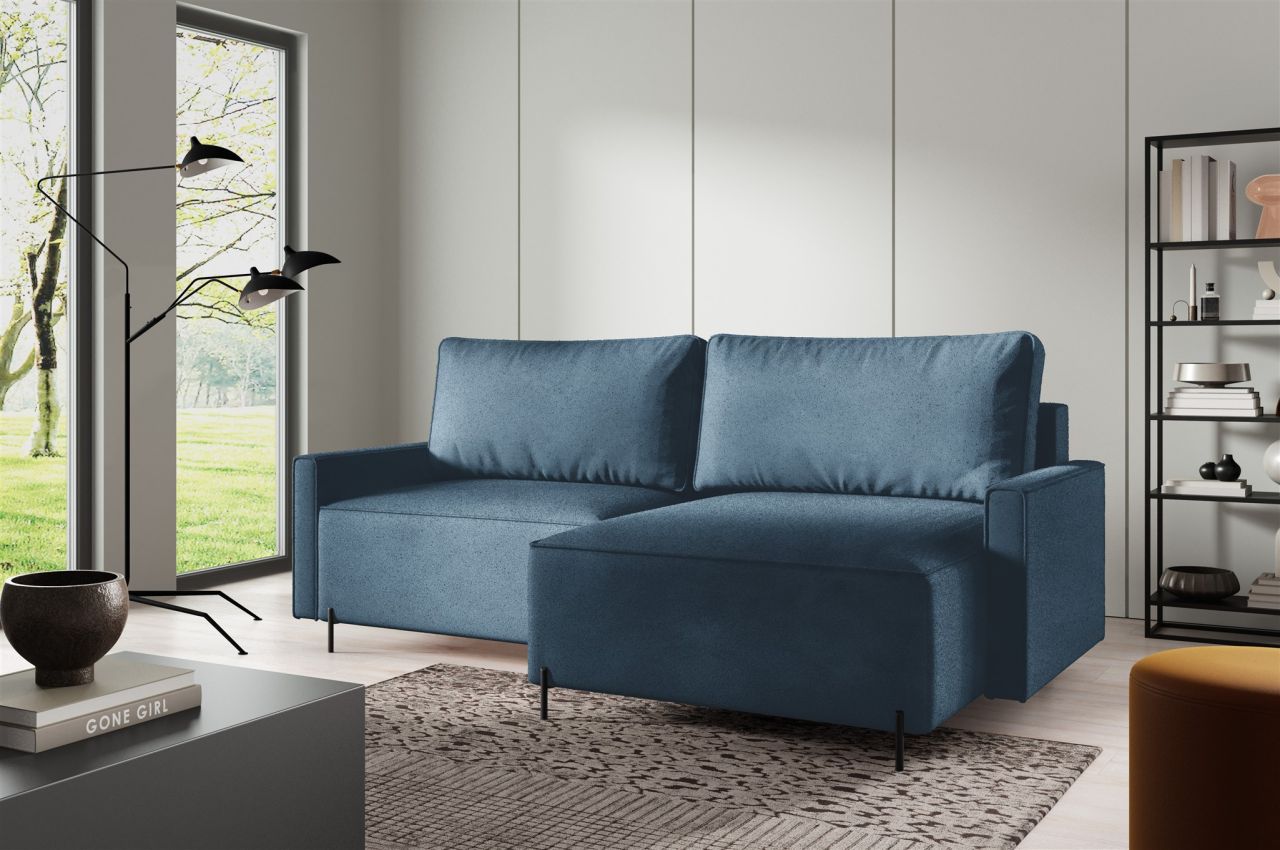 Ecksofa Schlafsofa Sofa BRAGA in Stoff Now or Never Meeresblau Ottomane Rechts