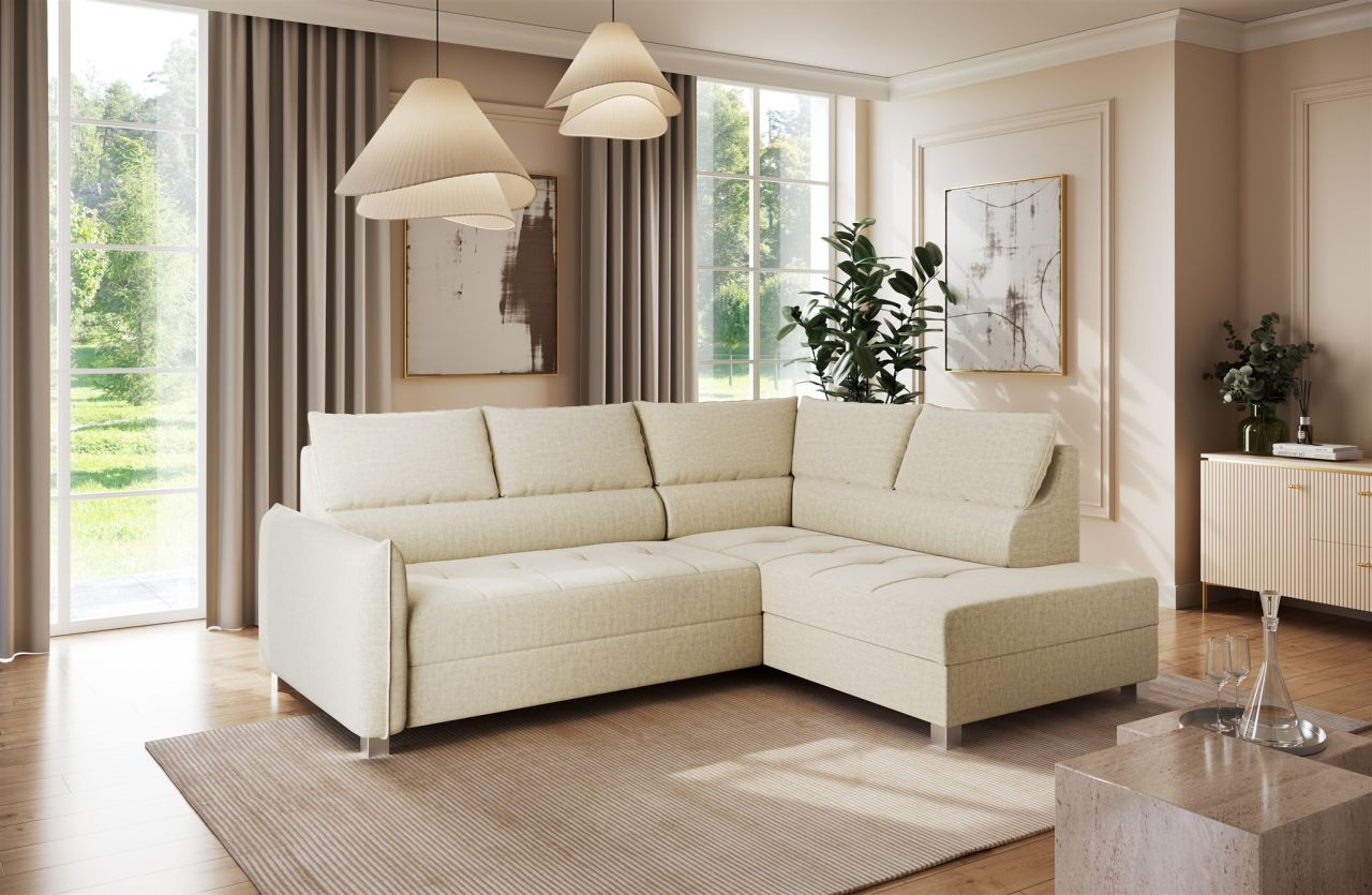 Ecksofa Schlafsofa Sofa MARNO in Stoff Vogue Creme Ottomane Rechts