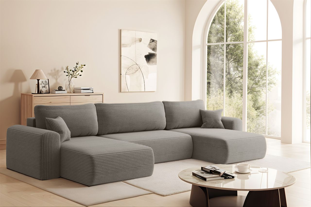 Wohnlandschaft Sofa mit Schlaffunktion FLORA Stoff Poso Grau