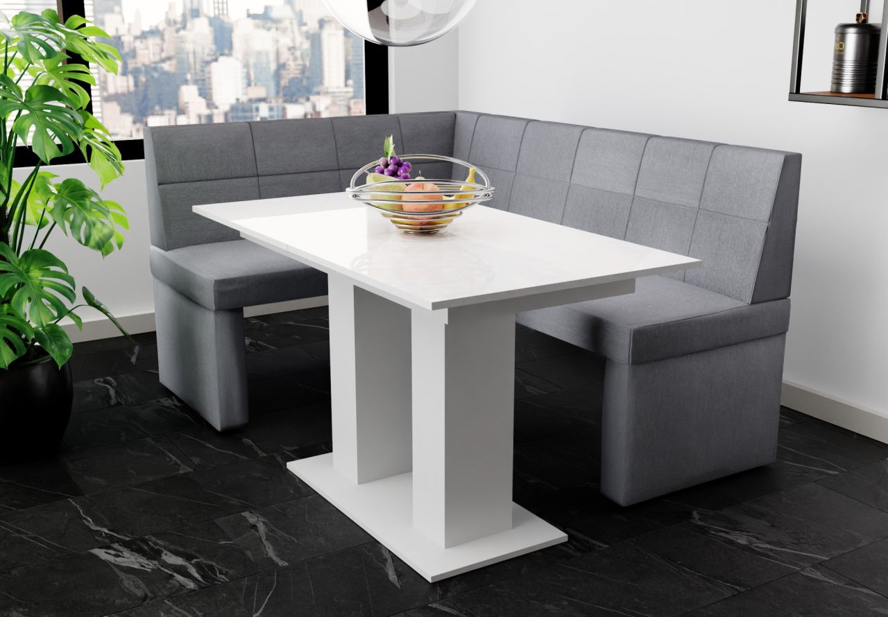 Eckbankgruppe 168x128 cm BLAKE R Stoff Soro Grau / Esstisch DANTE Weiß HGL