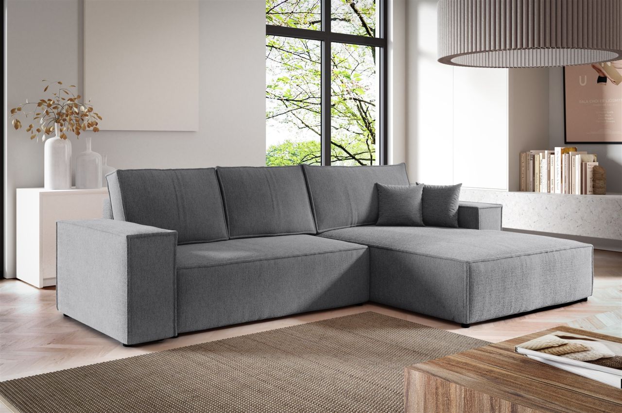 Ecksofa Schlafsofa LEVIO Stoff ARAGON Grau Ottomane Rechts