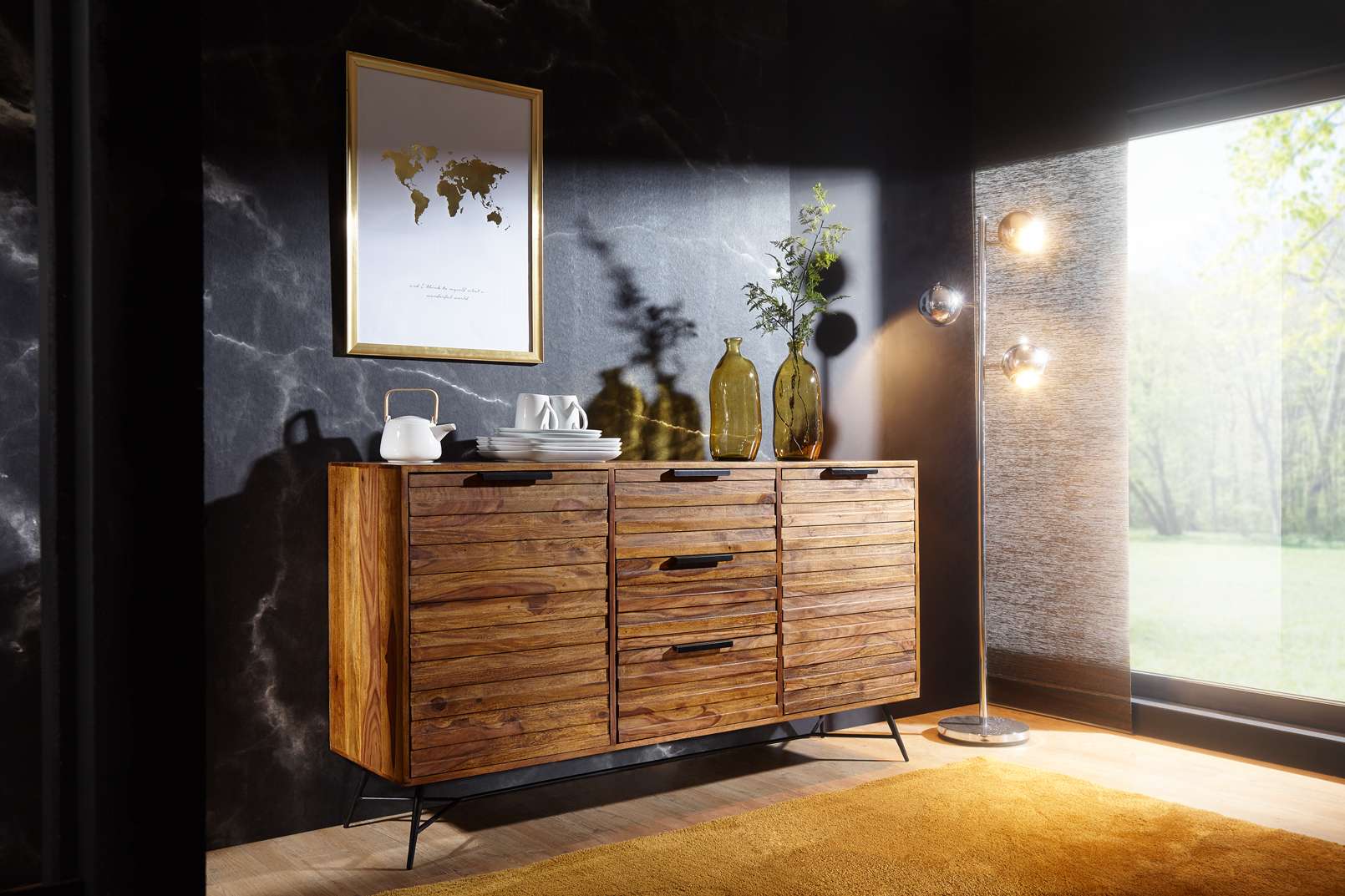 Sideboard Kommode RANGA 160x40x88cm Türen & Schubladen Sheesham Massiv | Sideboards | Massivholz: Akazie & Sheesham & Mango | Wohn-& Essbereich