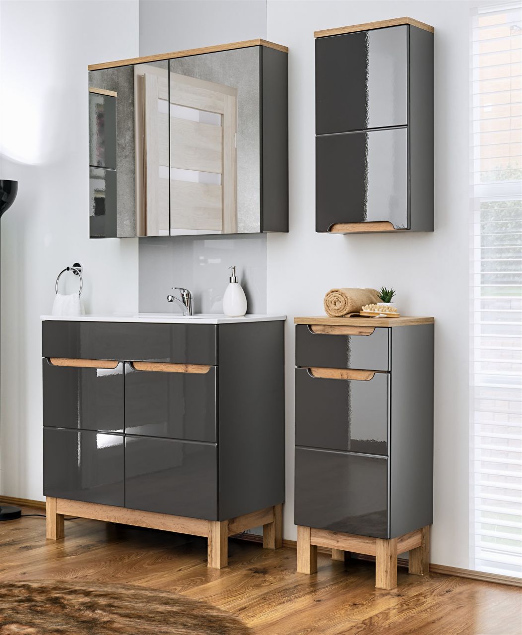 Badmöbel Set 4-tlg Badezimmerset DEVI Grau HGL inkl.Waschtisch 60 cm