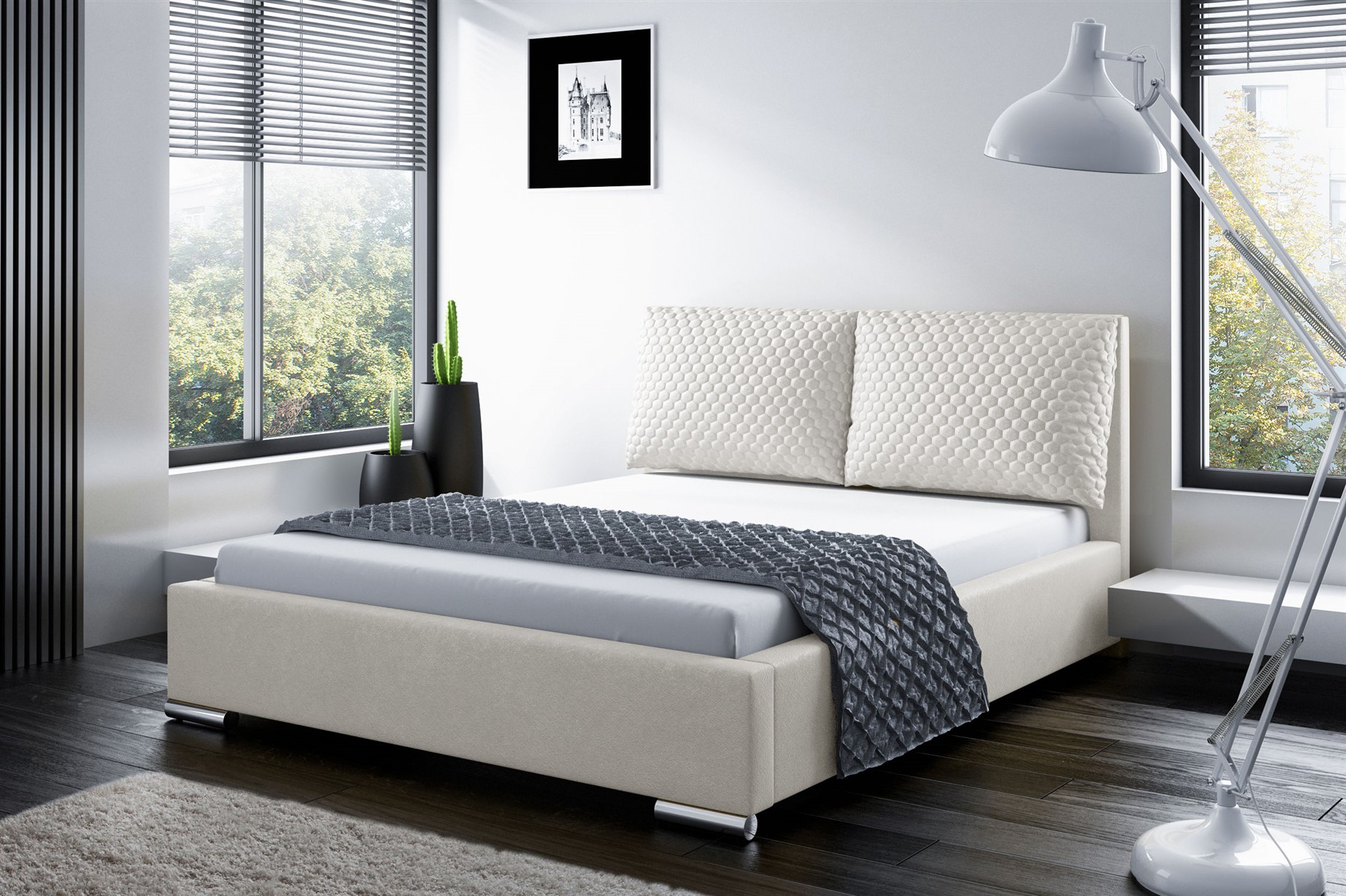 Polsterbett Bett Doppelbett GALENO 160x200 cm in Stoff Weiss | Breite: 160 cm | Polsterbetten + Lattenrost | Schlafzimmer