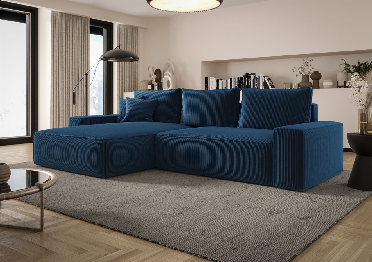 Ecksofa Schlafsofa Sofa WALKEN Stoff Poso Blau Ottomane Links