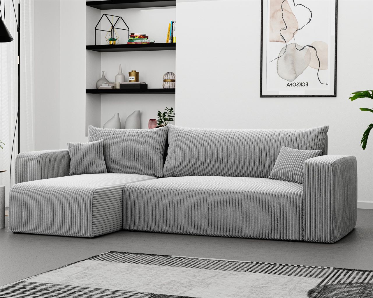 Ecksofa mit Schlaffunktion Sofa LUNA Stoff Poso Hellgrau Ottomane Links