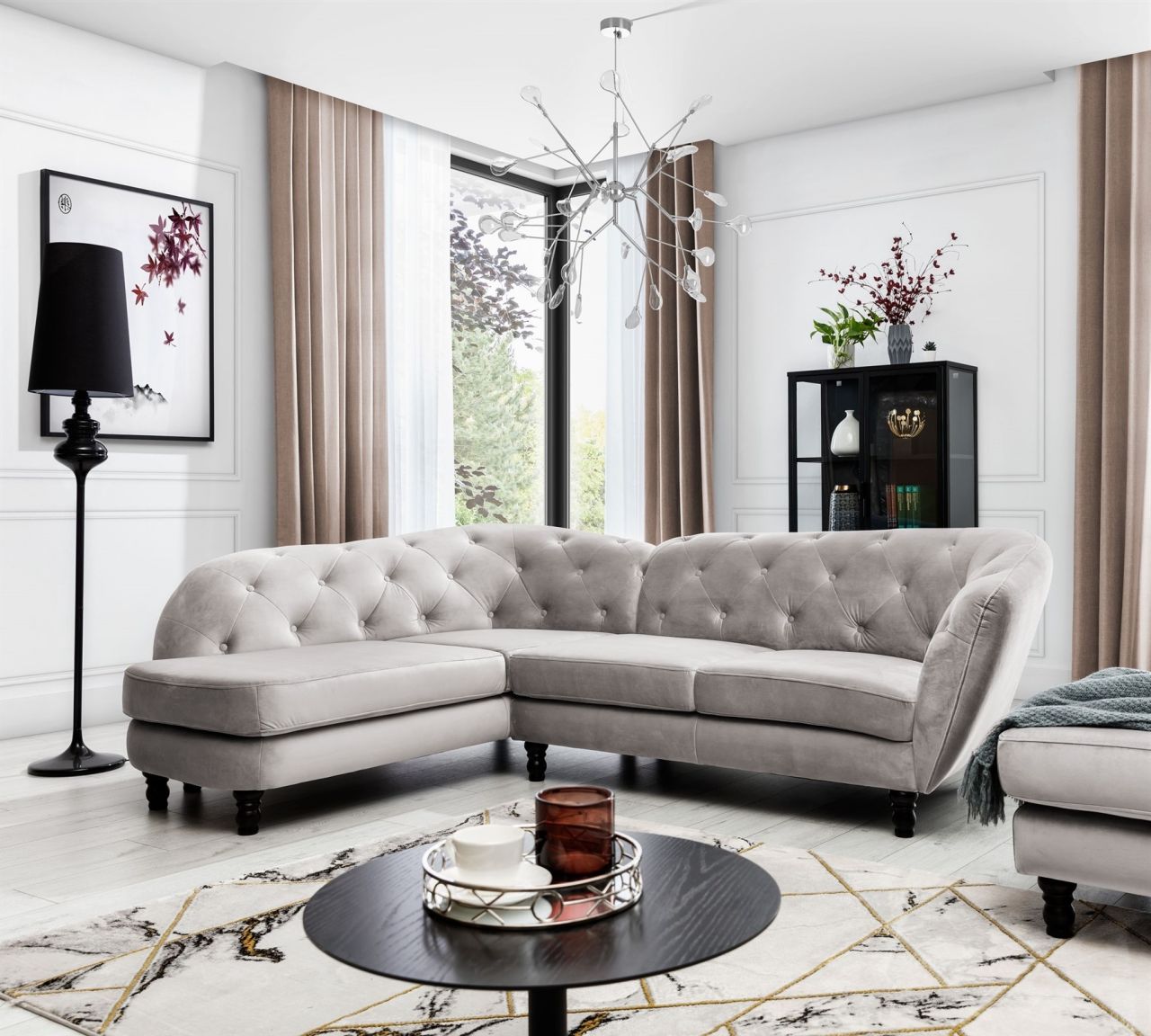 Ecksofa ersofa CHARLOTTE in Stoff Matt Velvet Cappuccino Ottomane Links