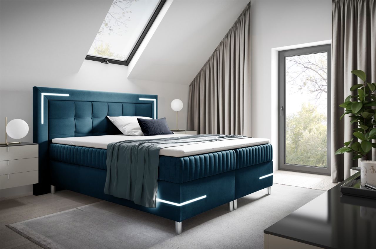 Boxspringbett Schlafzimmerbett 140x200cm AMORE Nr.2 Dunkelblau inkl. LED-Bele...