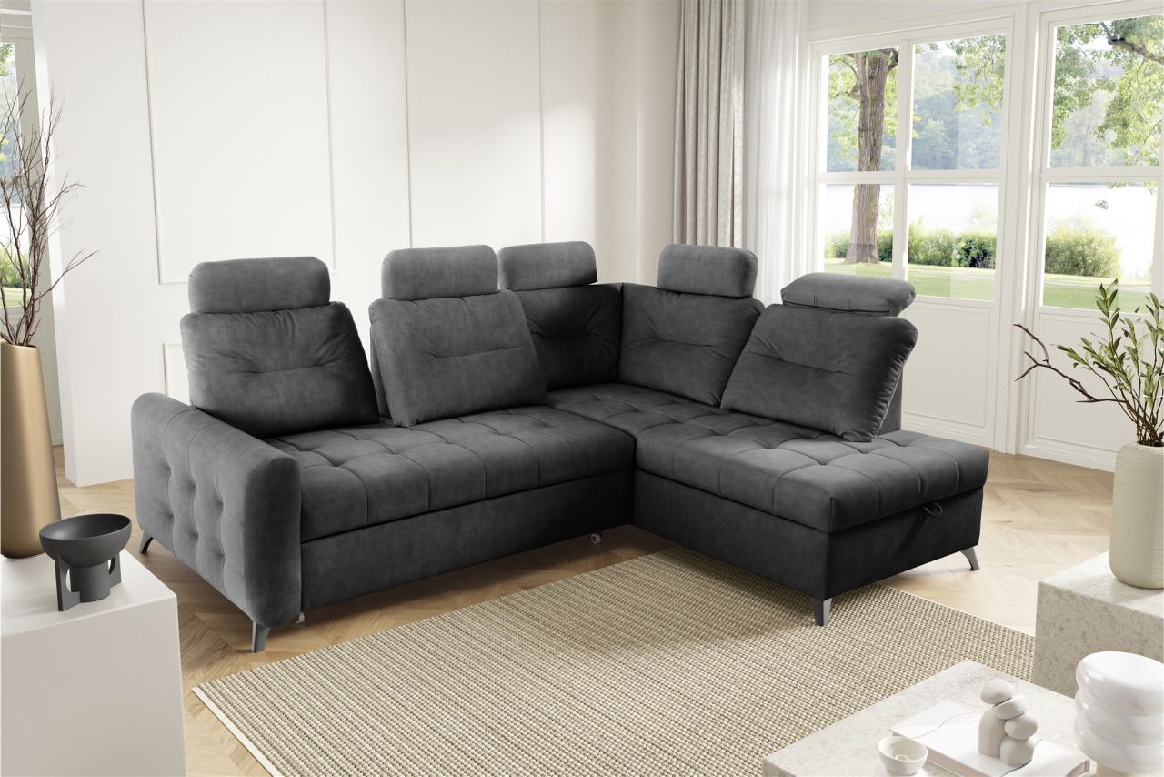 Ecksofa Schlafsofa Sofa WENDIE Stoff Hold Me Dunkelgrau Ottomane Rechts