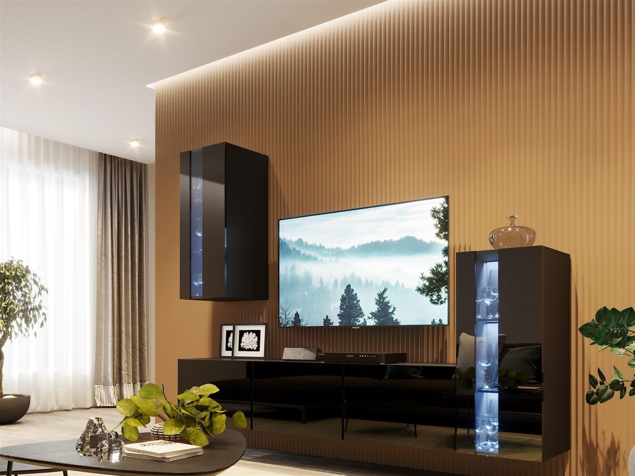 Mediawand Wohnwand 5 tlg - NEXI XL 34 - Schwarz Hochglanz inkl. LED