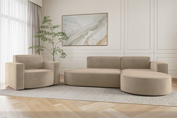 Sofa Set 2-teilig Sessel und Ecksofa PALMA XS Stoff Noel Beige Ottomane Rechts | Couchgarnituren | Polstermöbel