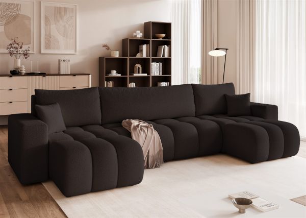 Wohnlandschaft Sofa mit Schlaffunktion ANABEL in Stoff Quelle Schwarz | Wohnlandschaften mit Schlaffunktion | Polstermöbel