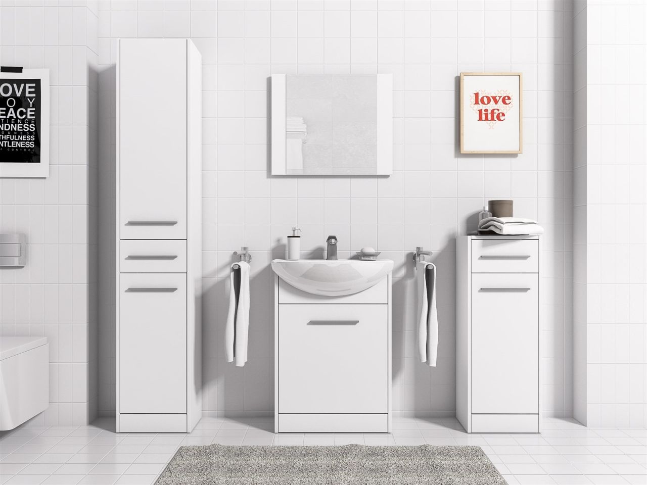 Badmöbel Set 5-Tlg Weiss matt SEVILLA inkl.Waschtisch