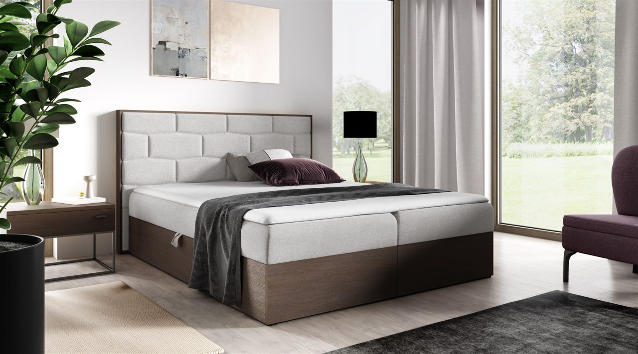 Boxspringbett Bett BEILA 120x200cm Dunkel Eiche Stoff Hellgrau inkl. Bettkasten