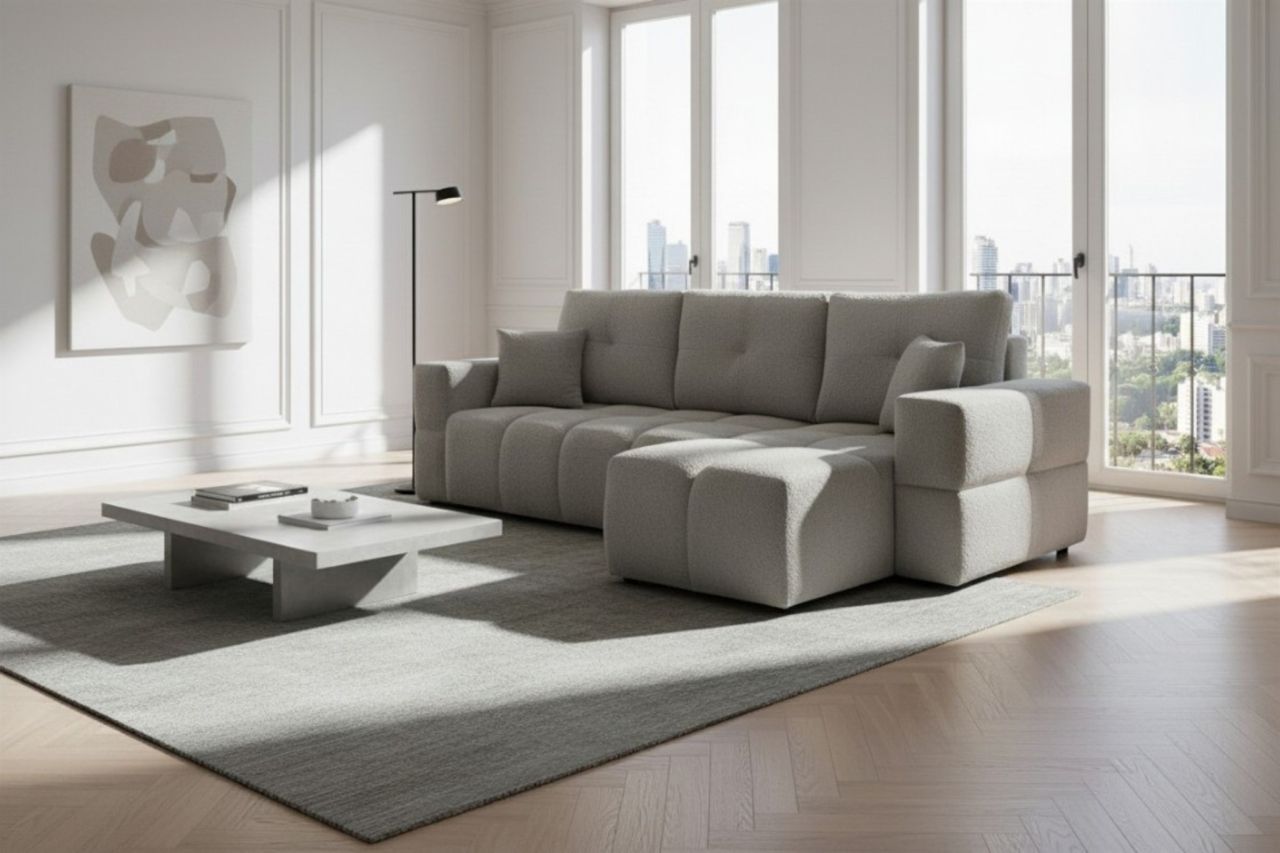 Ecksofa Schlafsofa Sofa DENISE in Stoff Centaur Grau Ottomane Rechts