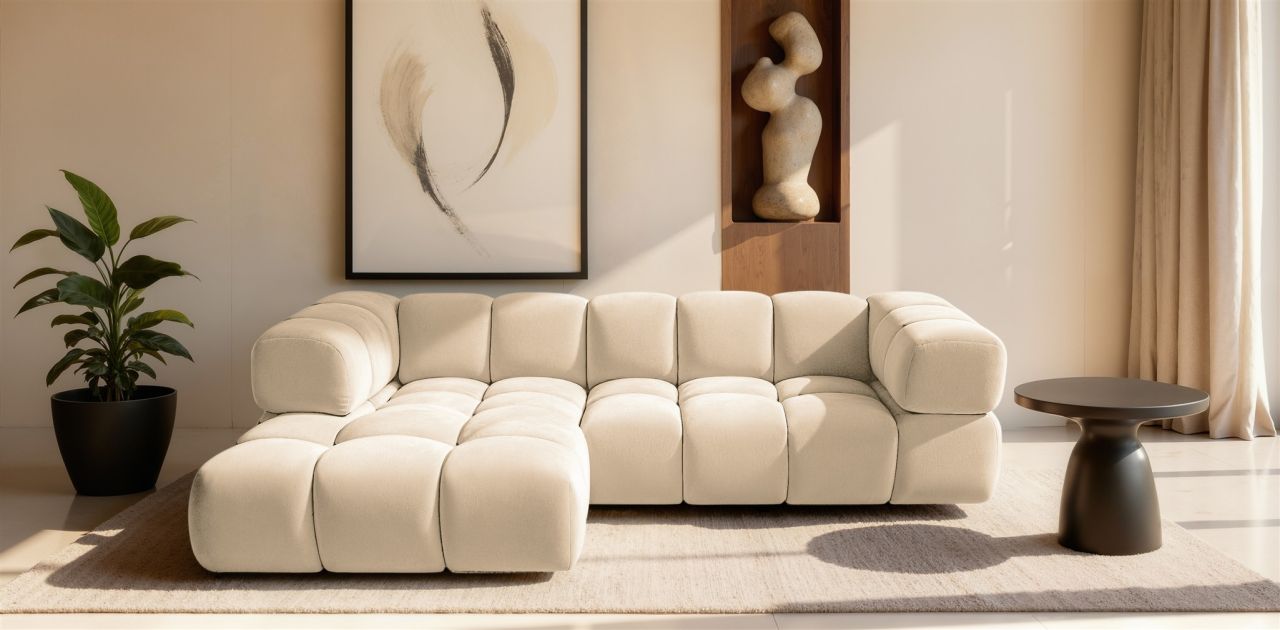Ecksofa ersofa BLANCHE in Stoff Bluvel Creme Ottomane Links