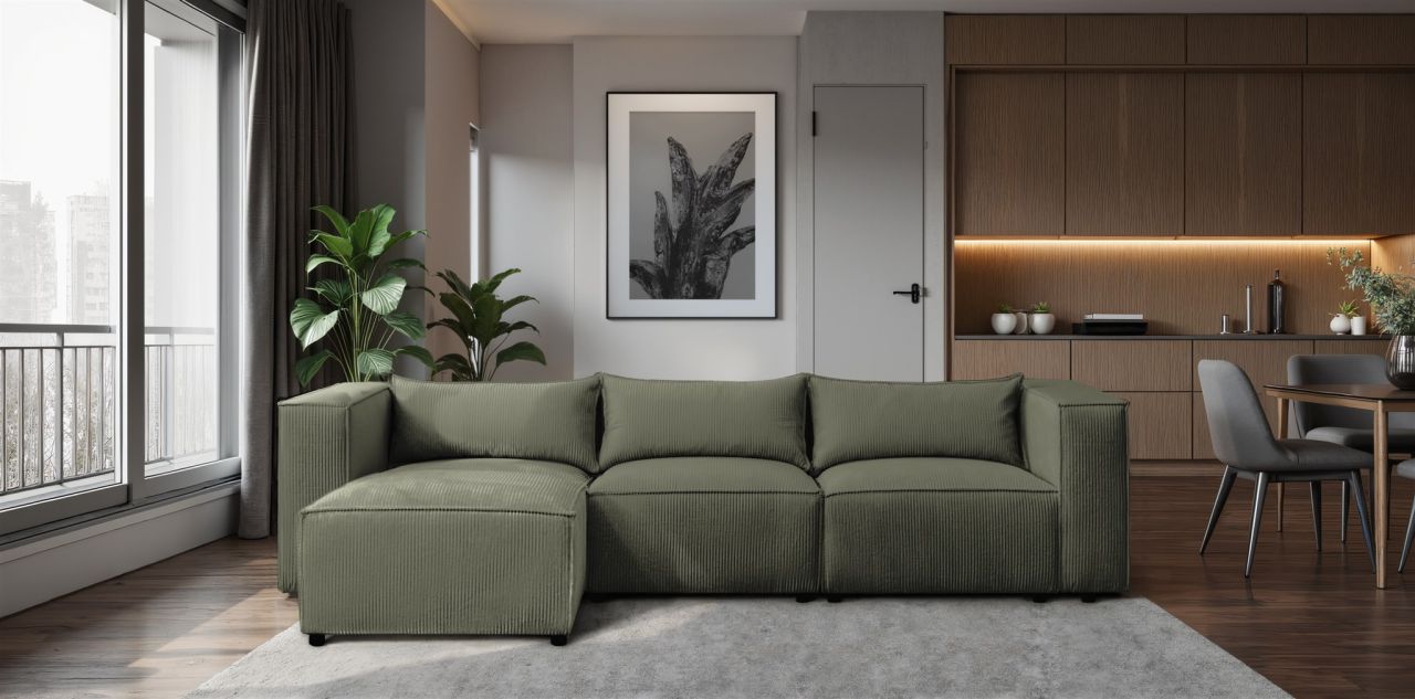 Ecksofa ersofa NEVIO in Stoff Lincoln Moosgrün Ottomane Links