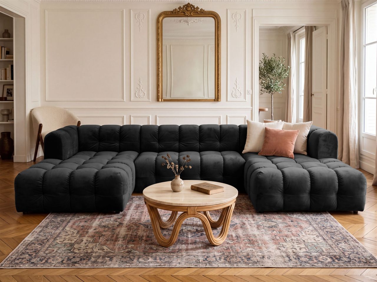Wohnlandschaft Sofa U-Form SOLVIE in Stoff Tiffani Schwarz