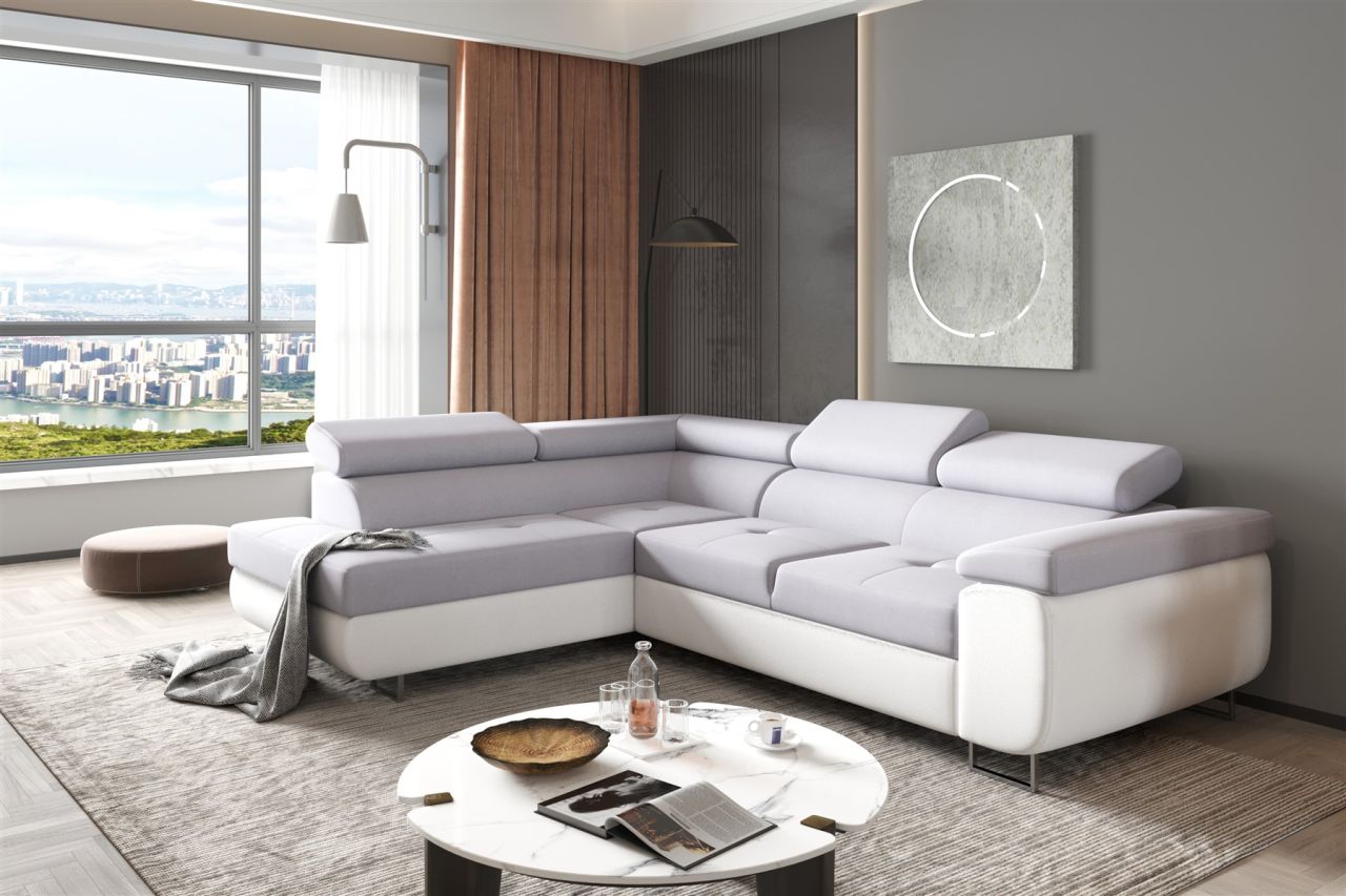 Couchgarnitur JADE Weiss-Hellgrau mit Schlaffunktion Ottomane Links