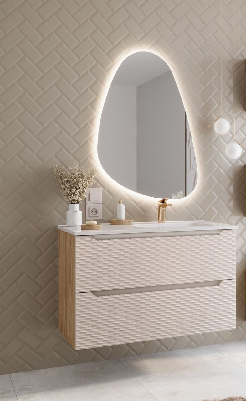 Badmöbel Set 2-tlg Badezimmerset LAXY Eiche Beige Schrank 90cm inkl. Waschtisch