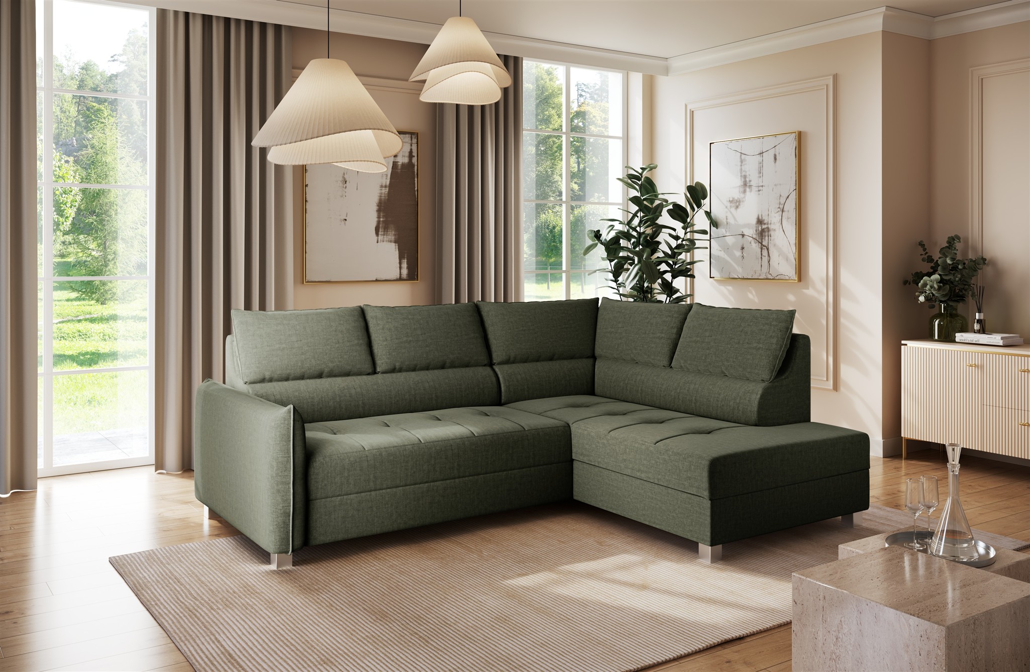 Ecksofa Schlafsofa Sofa MARNO in Stoff Vogue Moosgrün Ottomane Rechts ...