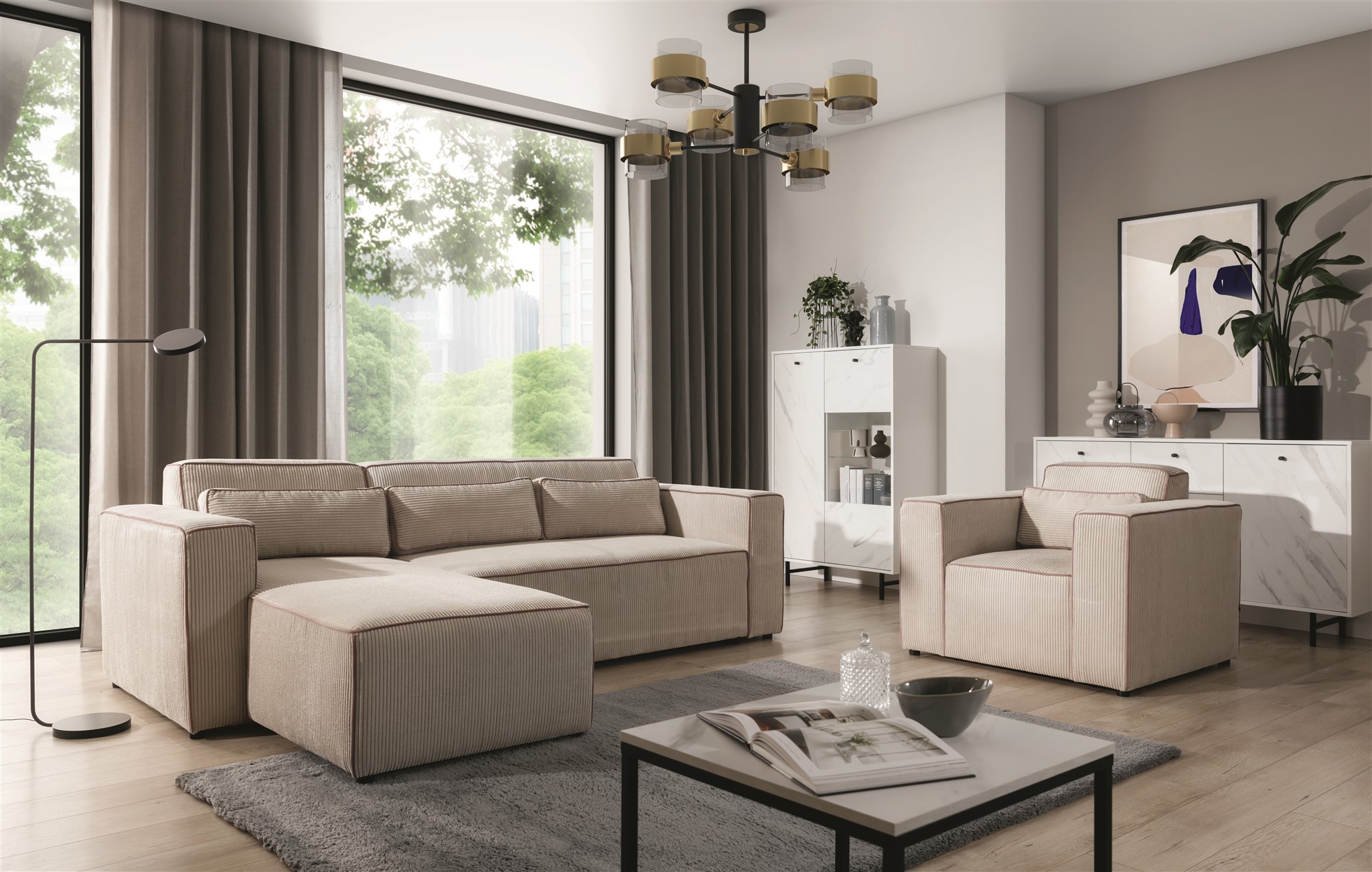 Ecksofa Schlafsofa inkl. Sessel WALDO Stoff Poso Beige Ottomane Links | Couchgarnituren | Polstermöbel