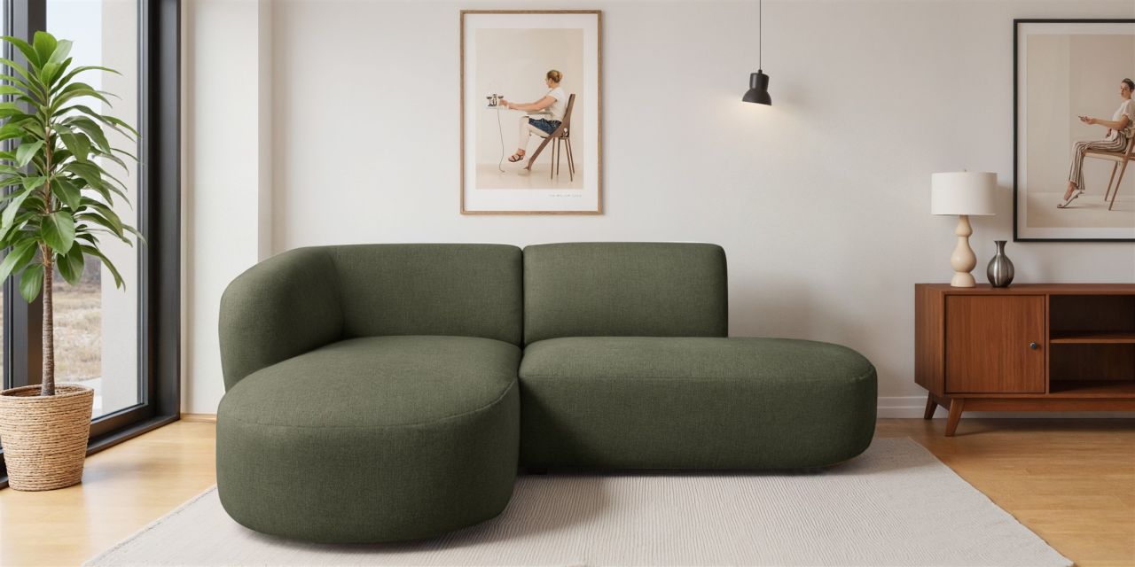 Ecksofa ersofa BABETTE in Stoff Lins Moosgrün Ottomane Links