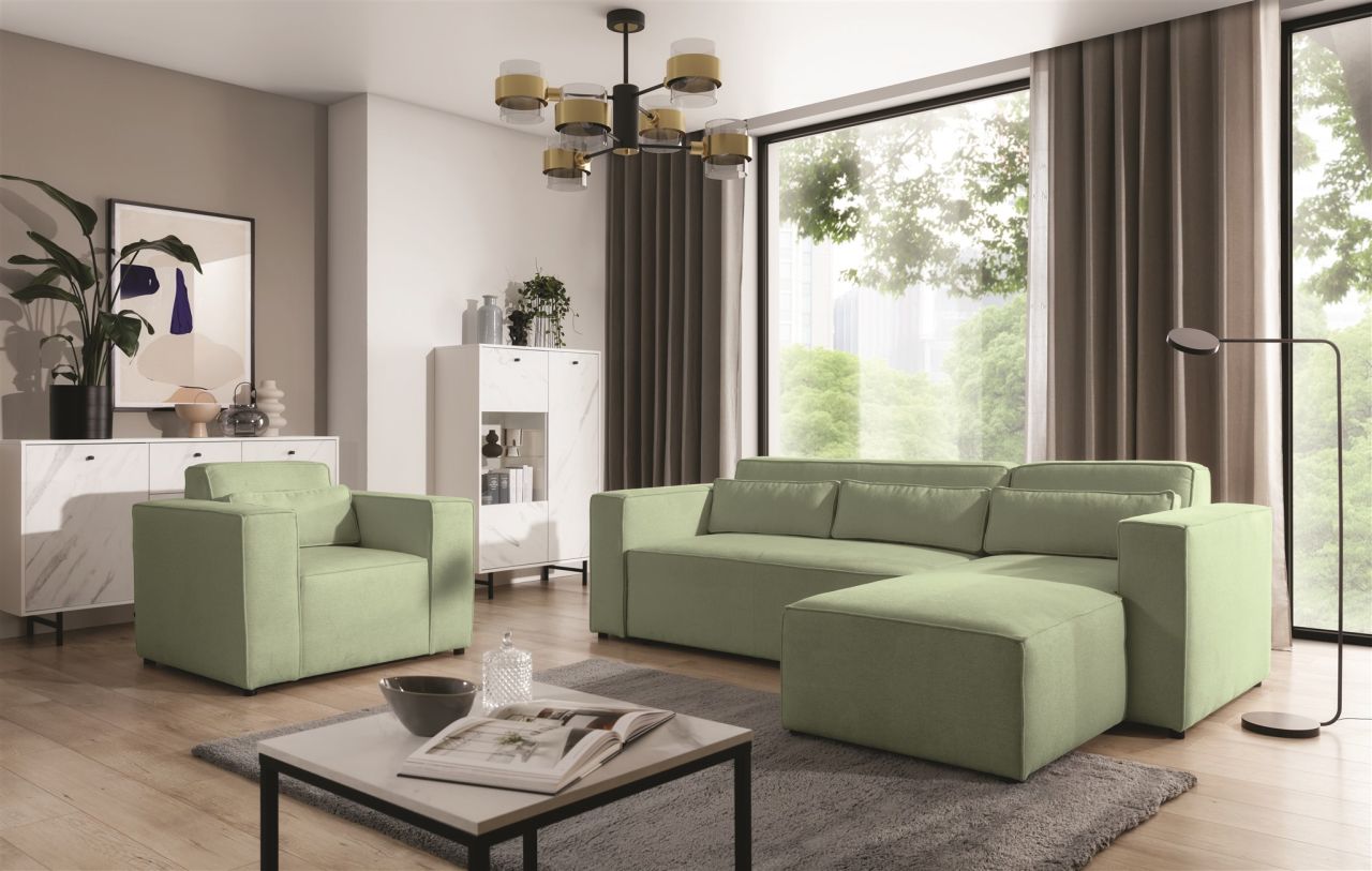 Ecksofa Schlafsofa inkl. Sessel WALDO Stoff Brooklyn Hellgrün Ottomane Rechts