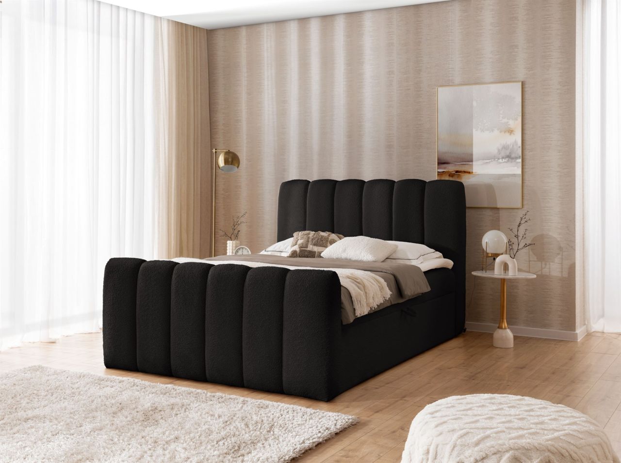 Boxspringbett Schlafzimmerbett DENIS 140x200cm Stoff Catch Me Schwarz