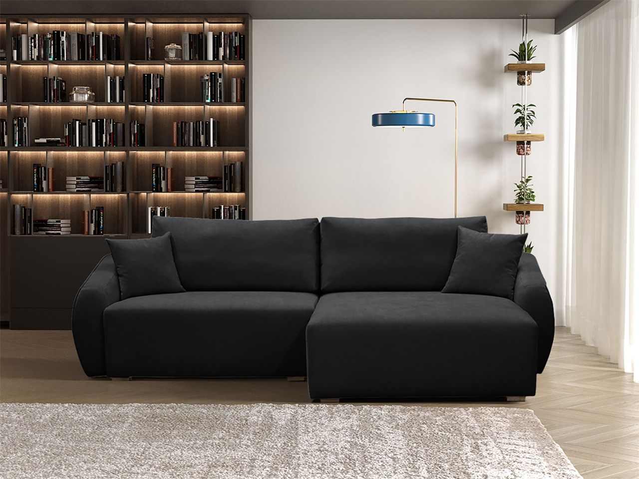 Ecksofa ersofa Sofa ELISE in Stoff Wind Schwarz Ottomane Rechts