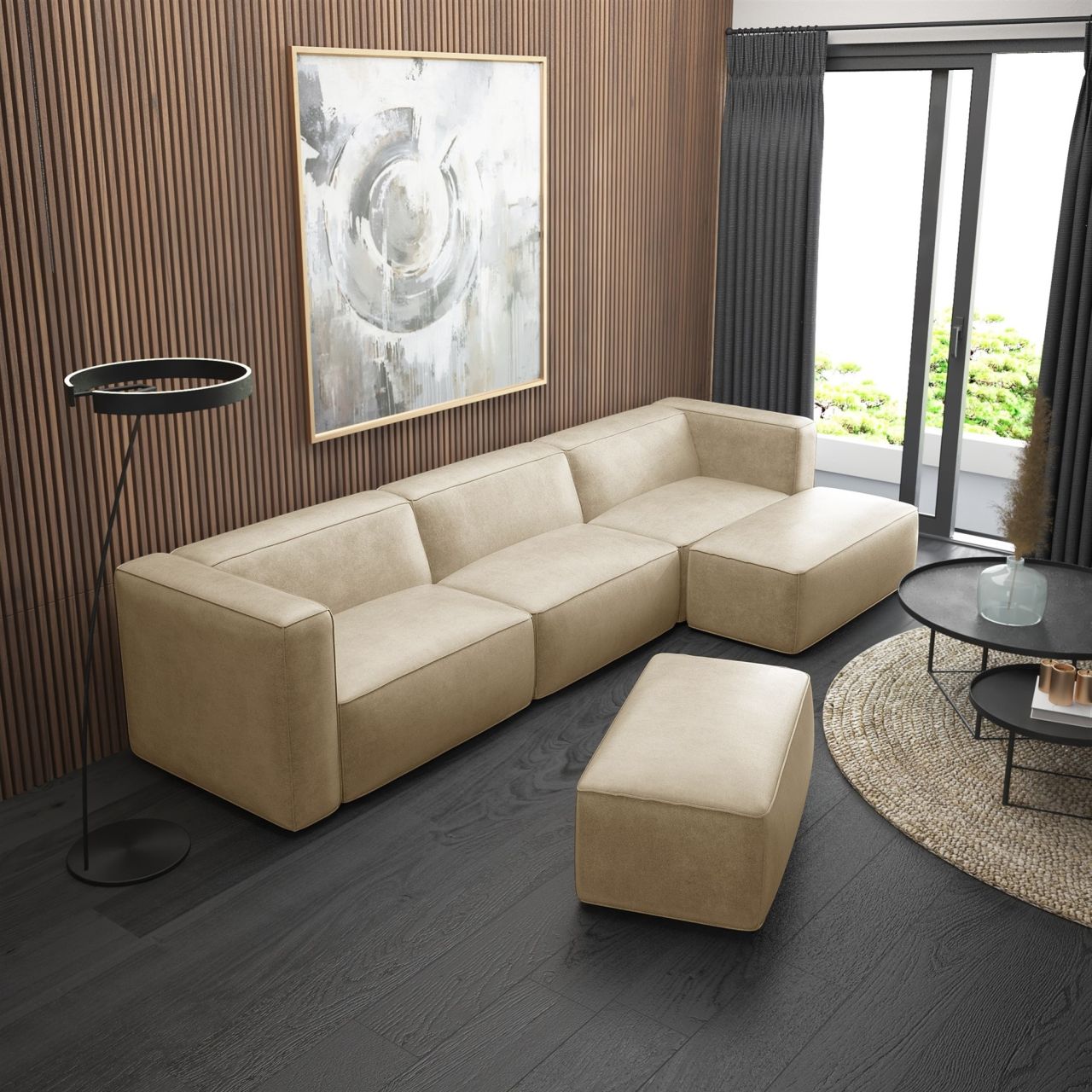 Ecksofa ersofa HELMER inkl. Hocker in Stoff Pola Beige Ottomane Rechts