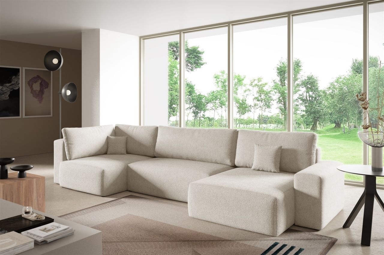 Wohnlandschaft mit Schlaffunktion ARONA XL Stoff Centaur Creme Ottomane Rechts