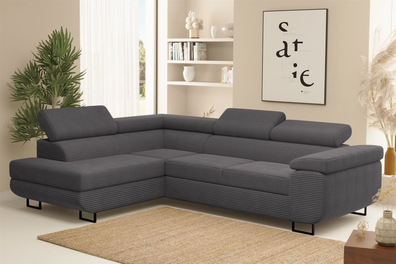 Ecksofa Sofa mit Schlaffunktion METZ Stoff Poso Dunkelgrau Ottomane Links