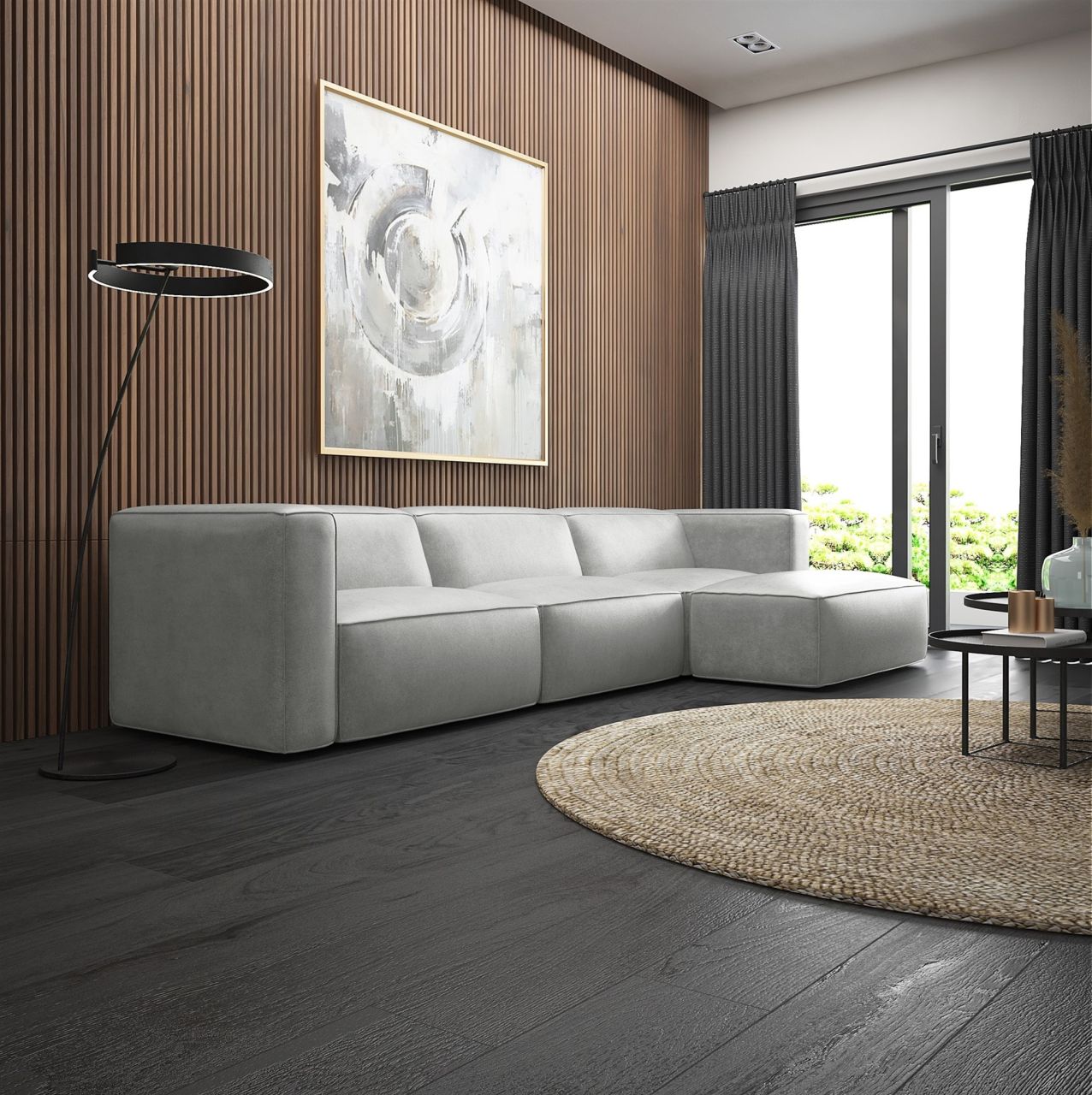 Ecksofa ersofa Sofa HELMER in Stoff Pola Silbergrau Ottomane Rechts