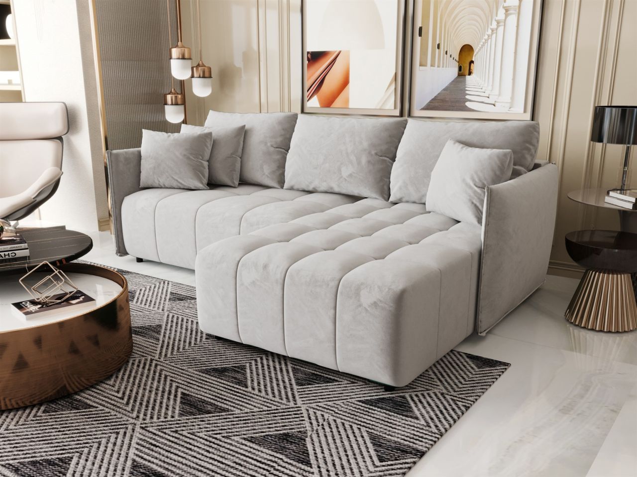 Ecksofa Schlafsofa TREVISO Stoff Monolith Hellgrau Ottomane Rechts