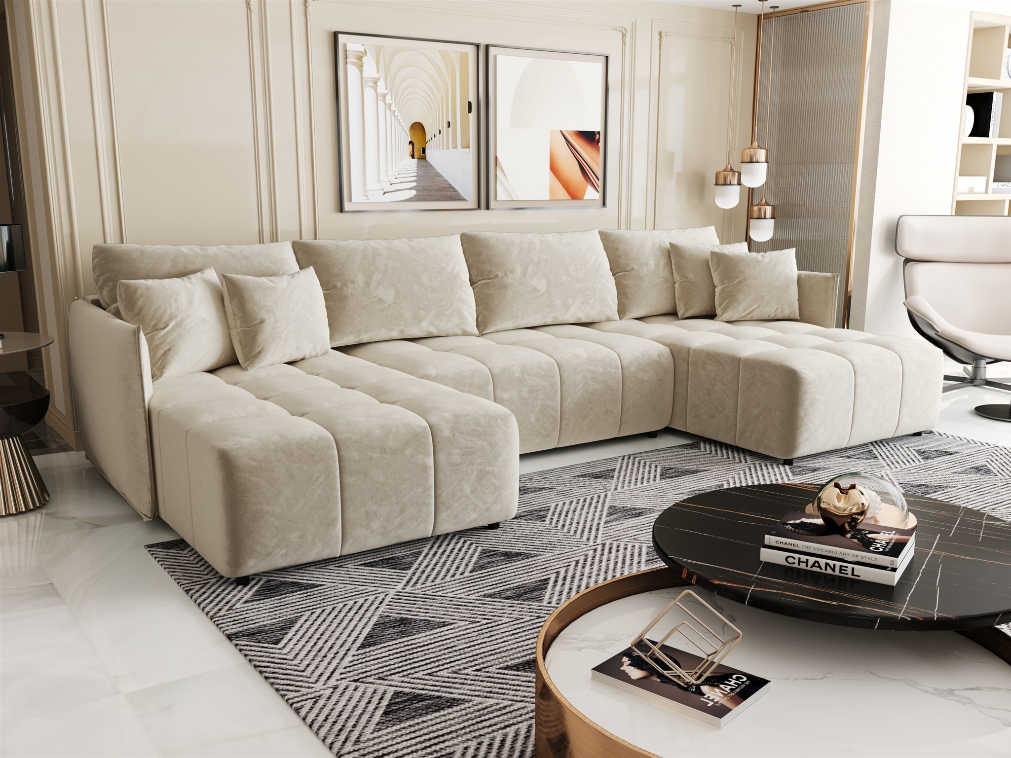 Wohnlandschaft Schlafsofa Sofa TREVISO Stoff Monolith Creme | Wohnlandschaften mit Schlaffunktion | Polstermöbel | Wohn-& Essbereich
