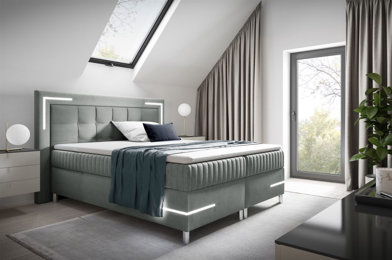 Boxspringbett Schlafzimmerbett 140x200cm AMORE Nr.2 Silbergrau inkl. LED-Bele...