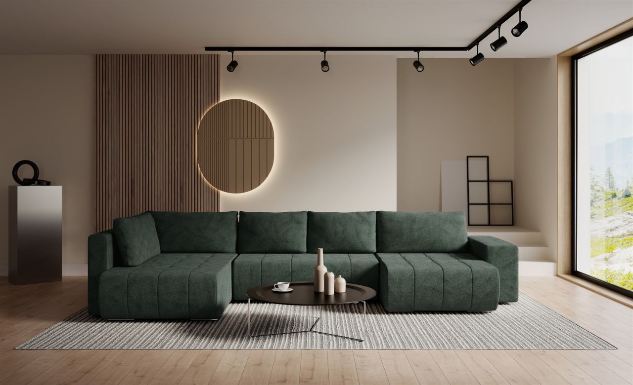 Wohnlandschaft Schlafsofa ARMANDA in Stoff Blur Grün langer Schenkel Links